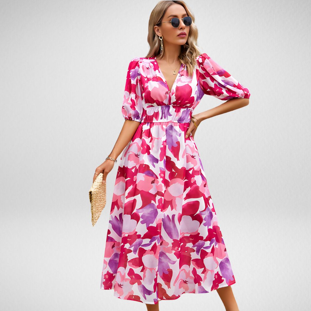 Amelia Women's Midi Dress | Elegant V-Neckline, Versatile Summer Style 0