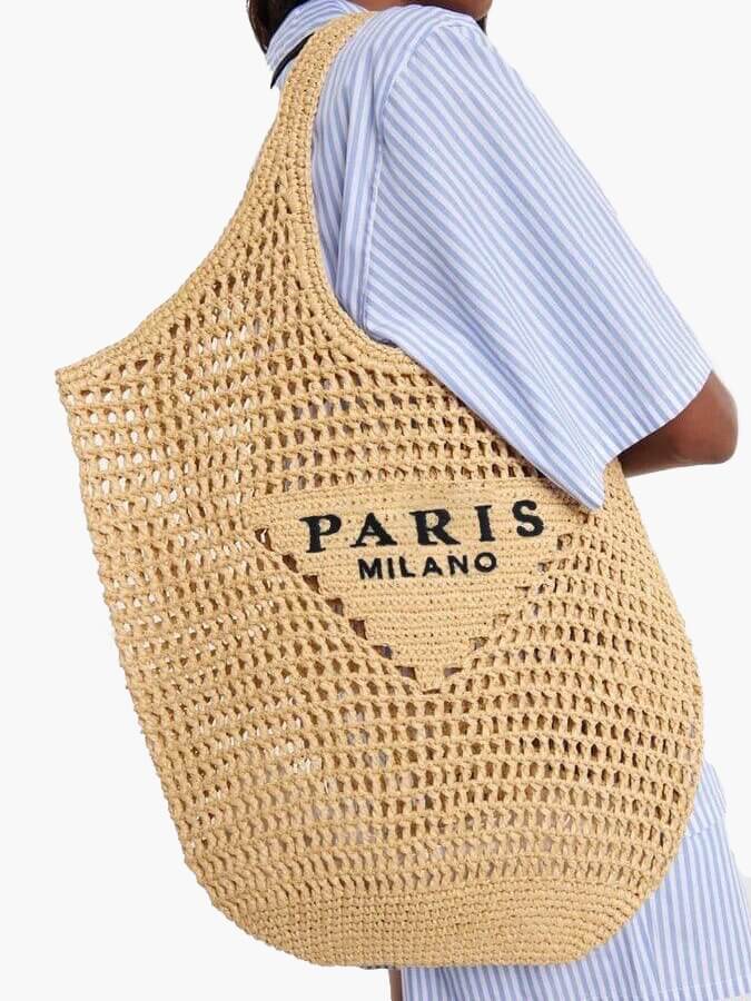 Milo Women's Shoulder Bag | Woven Straw with Paris Lettering 0